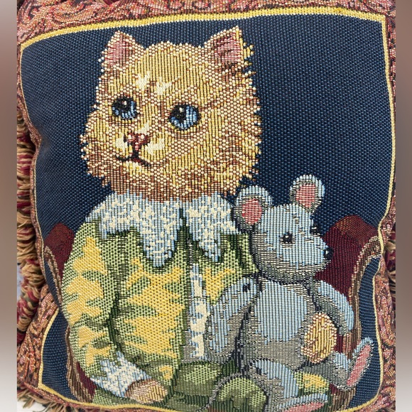 Cat and toy mouse small tapestry pillow with fringe - Picture 2 of 5